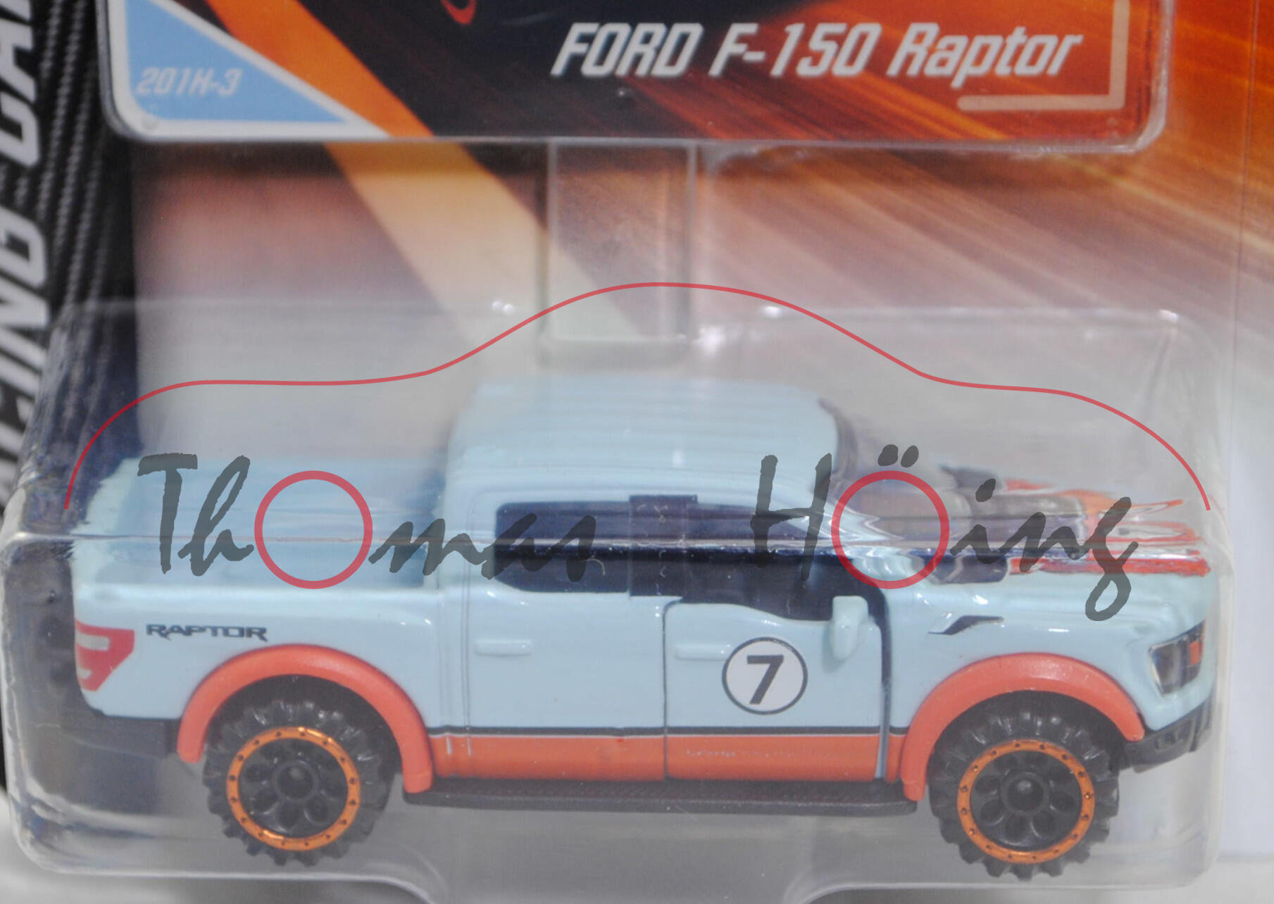 Ford F-150 RAPTOR SuperCrew (Typ P702, Modell 2021-), lichtblau, Nr. 7, Nr. 201H-3, majorette, 1:74, Blister