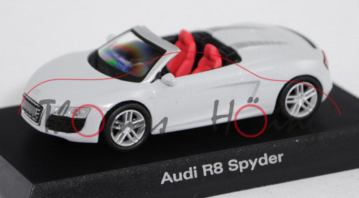 Audi R8 Spyder 5.2 FSI (Typ 42, Modell 2010-2012), weißmetallic, innen schwarz/rot, Kyosho, 1:64, Ha