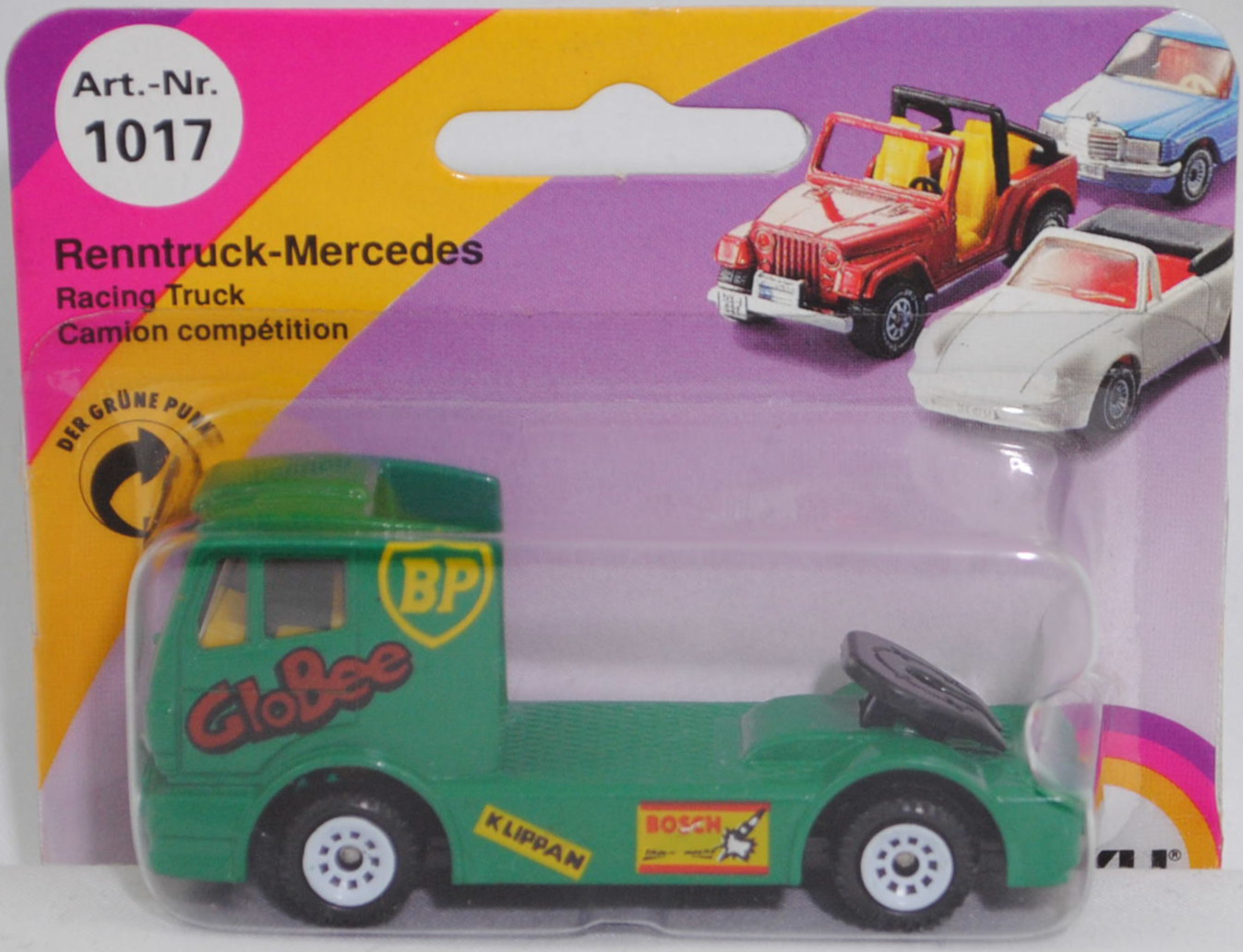 00002 Mercedes-Benz 1450 S (Modell 1989-1993) Renntruck (Truck-Racing-Europameisterschaft, Klasse C), türkisgrün, GloBee / BP / KLIPPAN / BOSCH, C1 reinweiß, SIKU SUPER, 1:83, P23