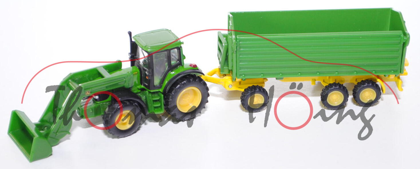 00001 John Deere 6920 S mit Frontlader und HB BRANTNER  3-Achs-Anhänger, grün/gelb, 1:87, L17mpK