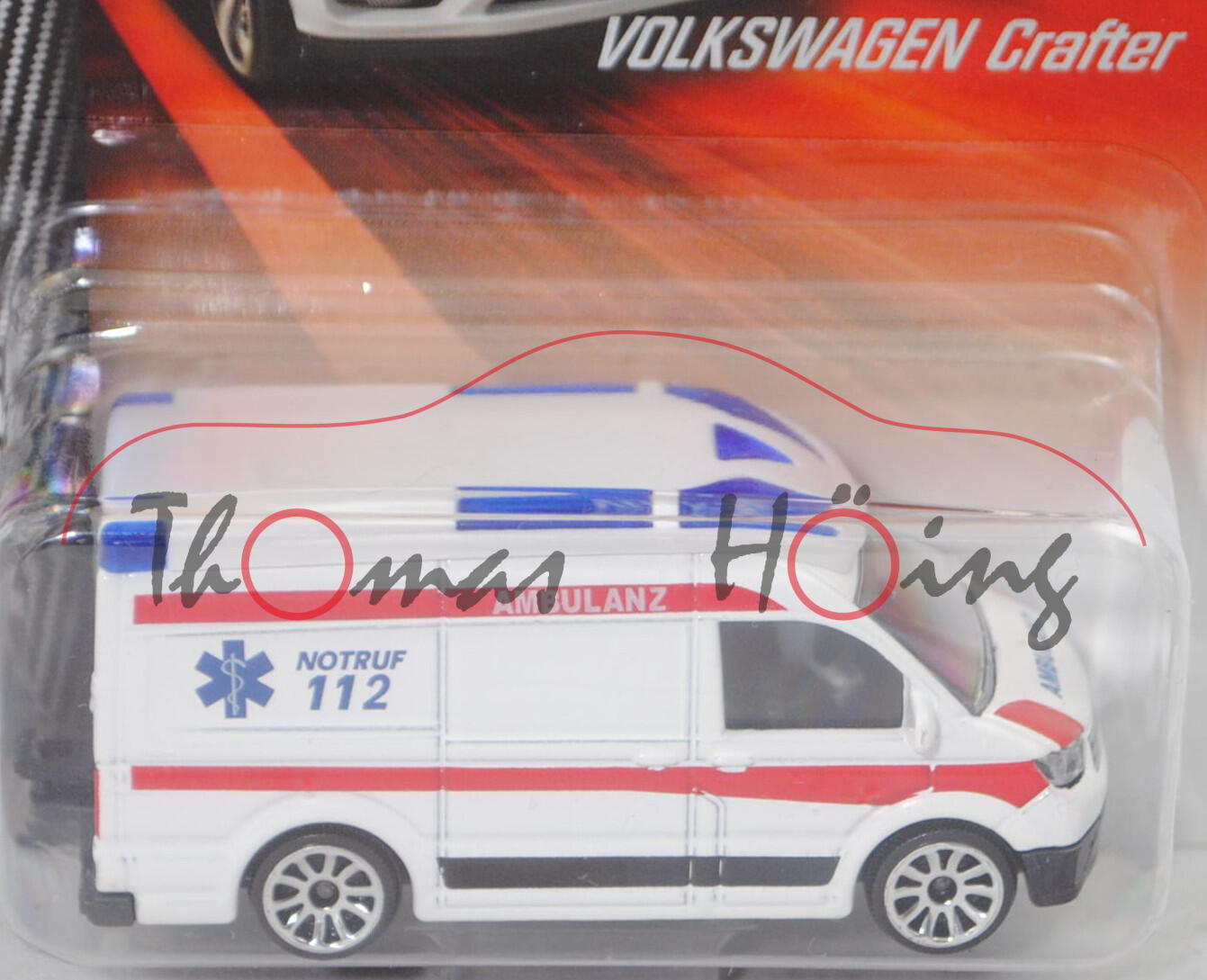 VW Crafter Kastenwagen mit Hochdach (Typ 7C0, Mod. 2017-) Ambulanz, weiß, majorette, 1:81, Blister