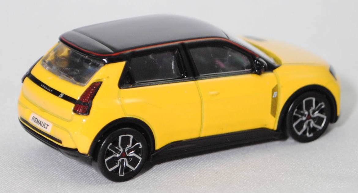 Renault 5 E-Tech Electric Iconic Five 150 Comfort Range (3. Generation, Modell 2024-), Karosserie pop yellow!, Dach black-pearl-schwarz, Dachlinie rot, innen schwarz, Norev, 1:64, mb