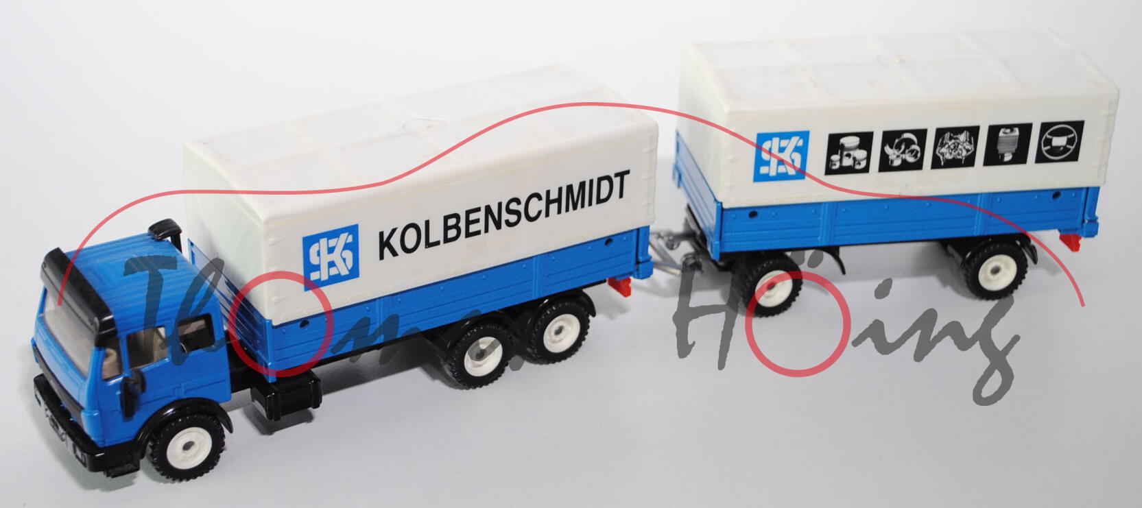 Mercedes SK LKW mit Pritsche und Plane, himmelblau/schwarz, SK KOLBENSCHMIDT sowie SK und Abbildunge