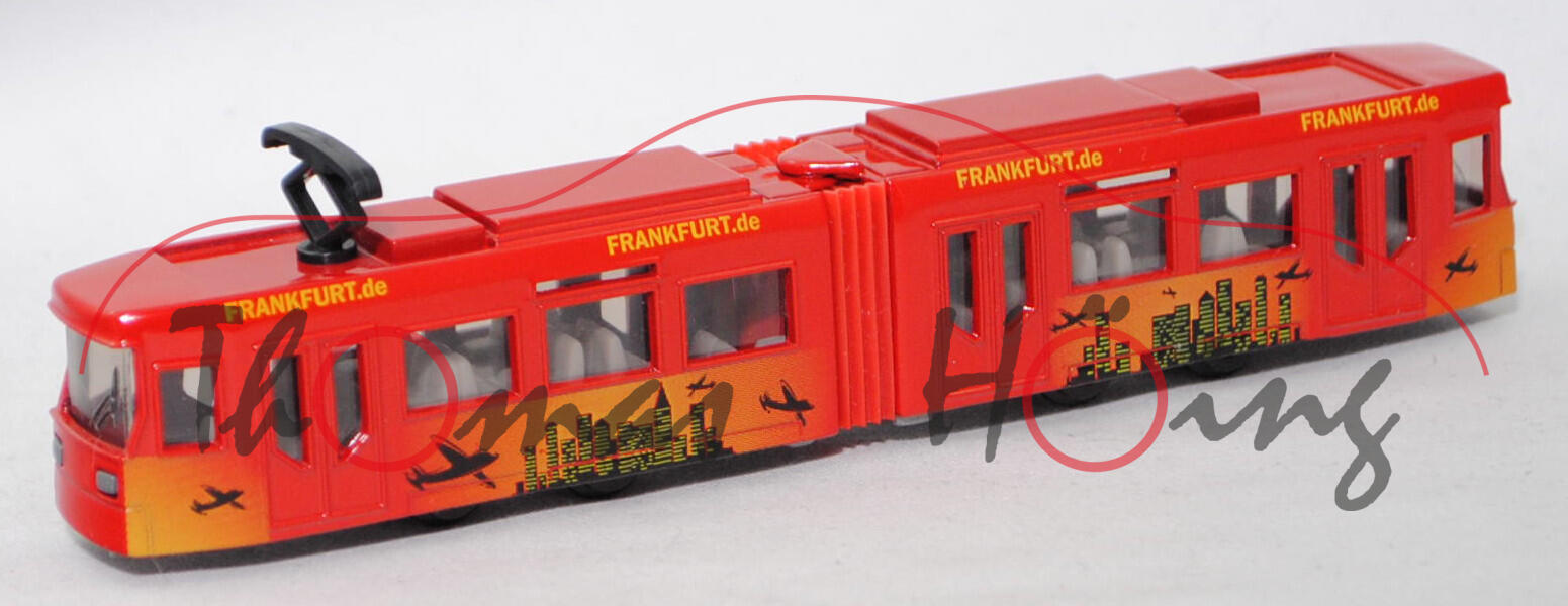 00009 ADtranz GT4N-ZR Niederflur-Straßenbahn (Modell 1997-2009), verkehrsrot, FRANKFURT.de, ohne Kupplungen, Bpr. ohne Adresse, SIKU, 1:117