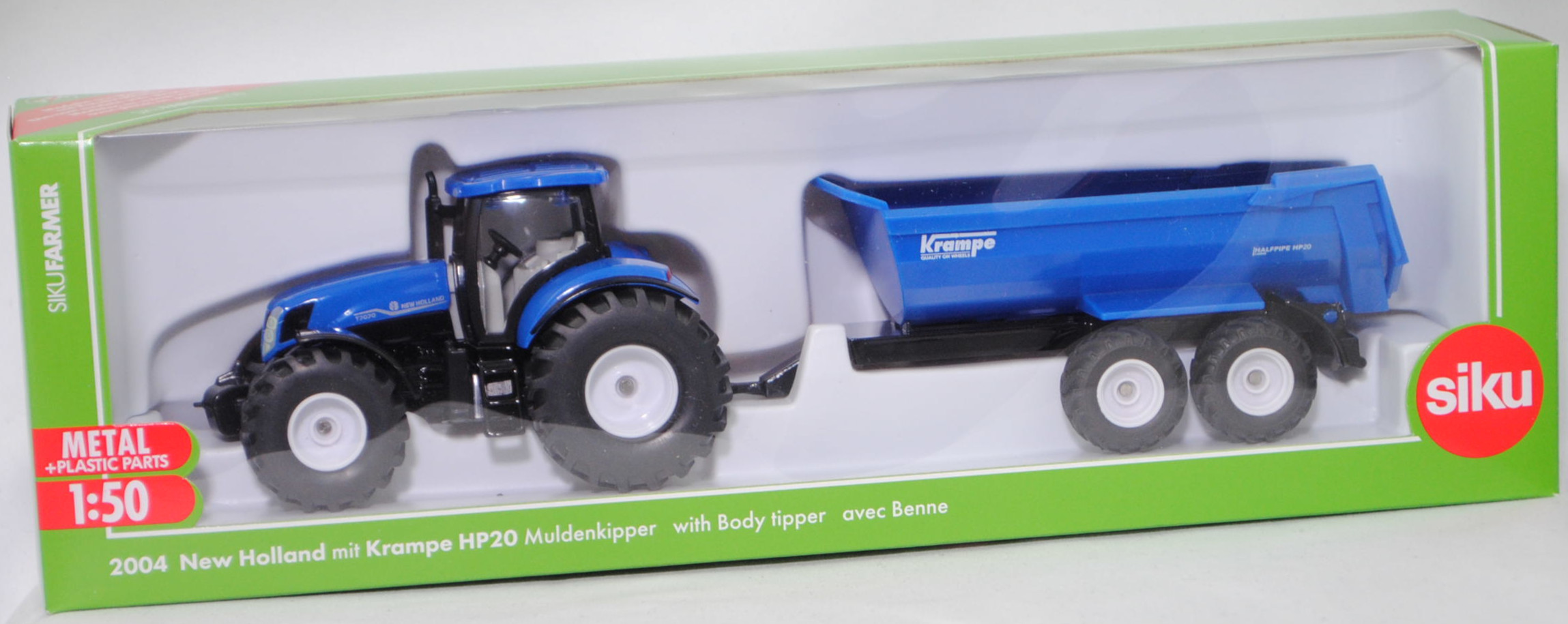 00000 New Holland T7070 AC (Modell 2009-2011) mit Krampe Halfpipe Tandem Erdbaukipper HP 20 (Modell 1999-), blau/schwarz, SIKU FARMER 1:50, L17mpK (Limited)