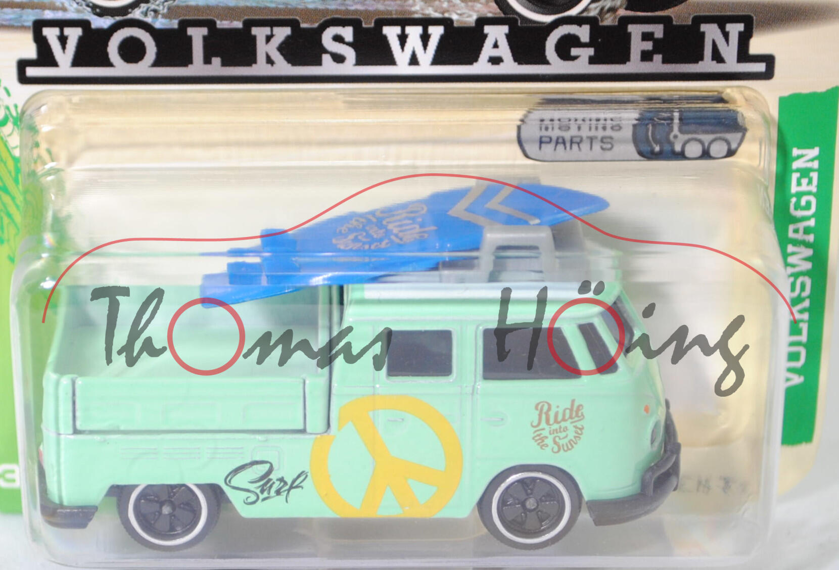 VW Transporter DoKa 1200 (Typ 2 T1, Modell 1960-1962) mit Dachgepäckträger und Surfbrett, weißgrün, Ride / into / the Sunset, majorette, 1:59, Blister (VOLKSWAGEN PREMIUM CARS)