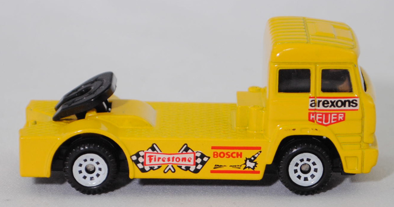00001 Iveco TurboStar (Modell 1987-1990) Renntruck (Truck-Racing-Europameisterschaft 1989-1993, Klasse B), gelb, arexons / HEUER / Firestone / BOSCH, C1 reinweiß, SIKU, 1:86, m