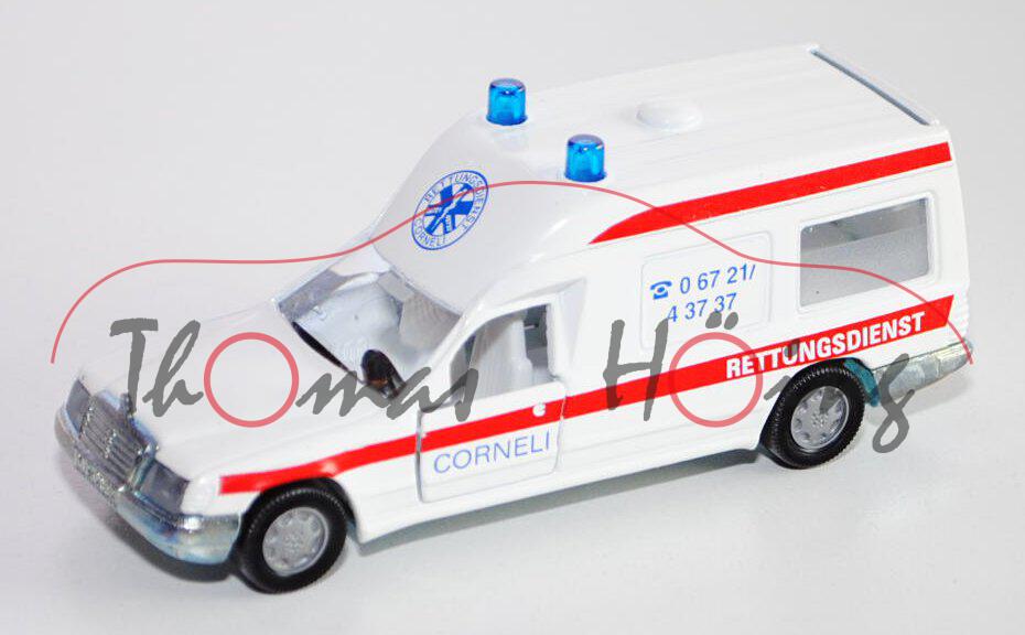 Mercedes 260 E Binz-Ambulanz, reinweiß, CORNELI / RETTUNGSDIENST / 06721/ / 43737, B7, L14a