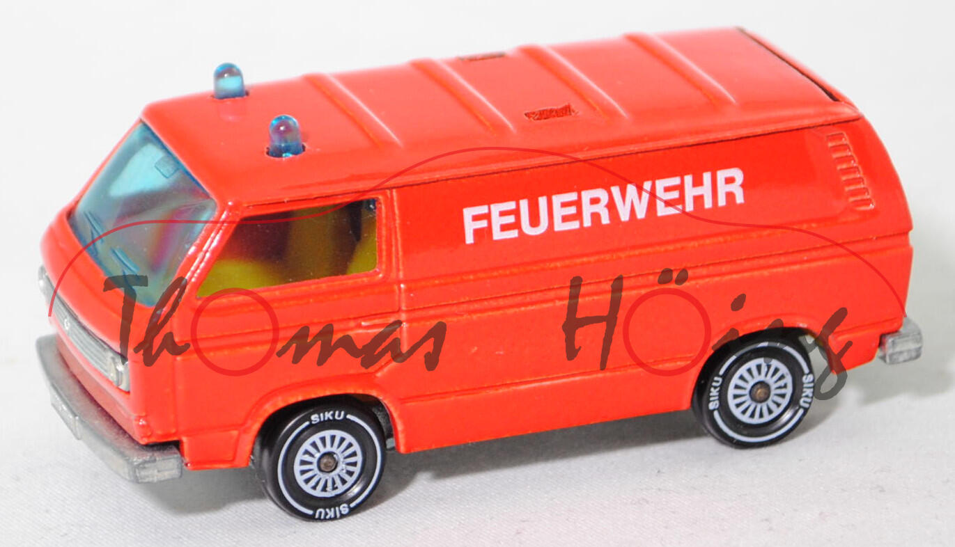 00005 VW Transporter Kastenwagen 2,0 Liter (T3, Mod. 79-82) Feuerwehr-Gerätewagen, rot, FEUERWEHR, Dachträger weg, ohne CE-Zeichen, SIKU, 1:60, vsc