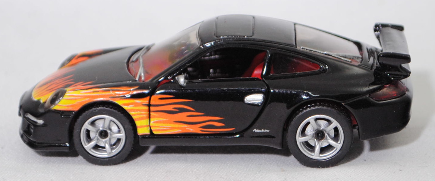 00401 Porsche 911 Carrera S (Typ 997.1 Coupé / 997 MK1 Coupé, Vorfacelift, Modell 2004-2008), schwarz, blackline / Flammendesign, SIKU SUPER, 1:55, m