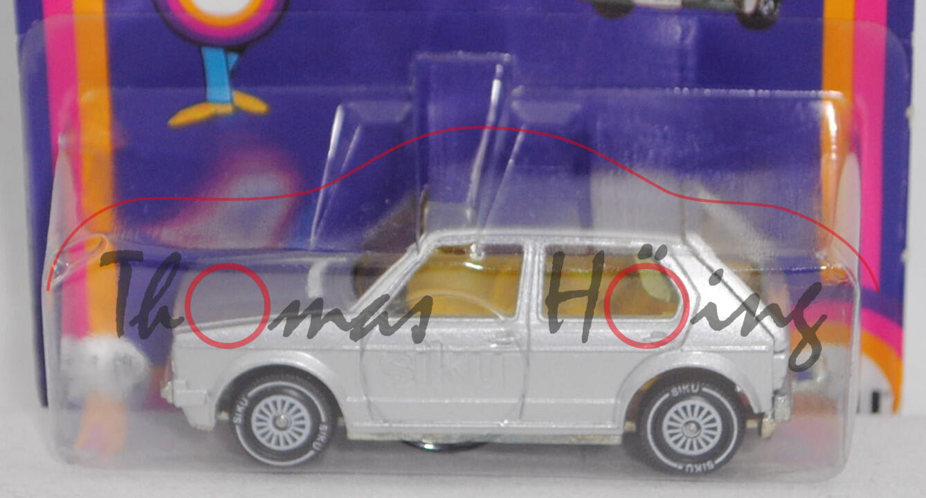 00001 VW Golf I LS mit 4 Türen (Typ 17, Modell 1978-1980), silber, Verglasung gelb, SIKU, 1:55, P18