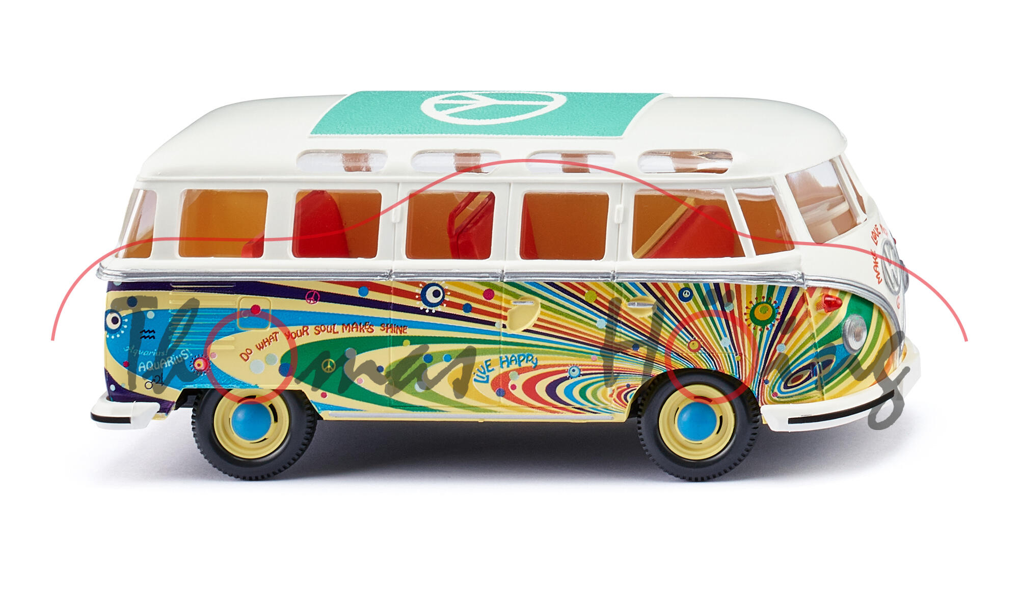 VW Transporter 1200 Kombi Samba (Typ 2 T1, Mod. 60-63), weiß/gelb, Flower-Power, Wiking, 1:40, mb