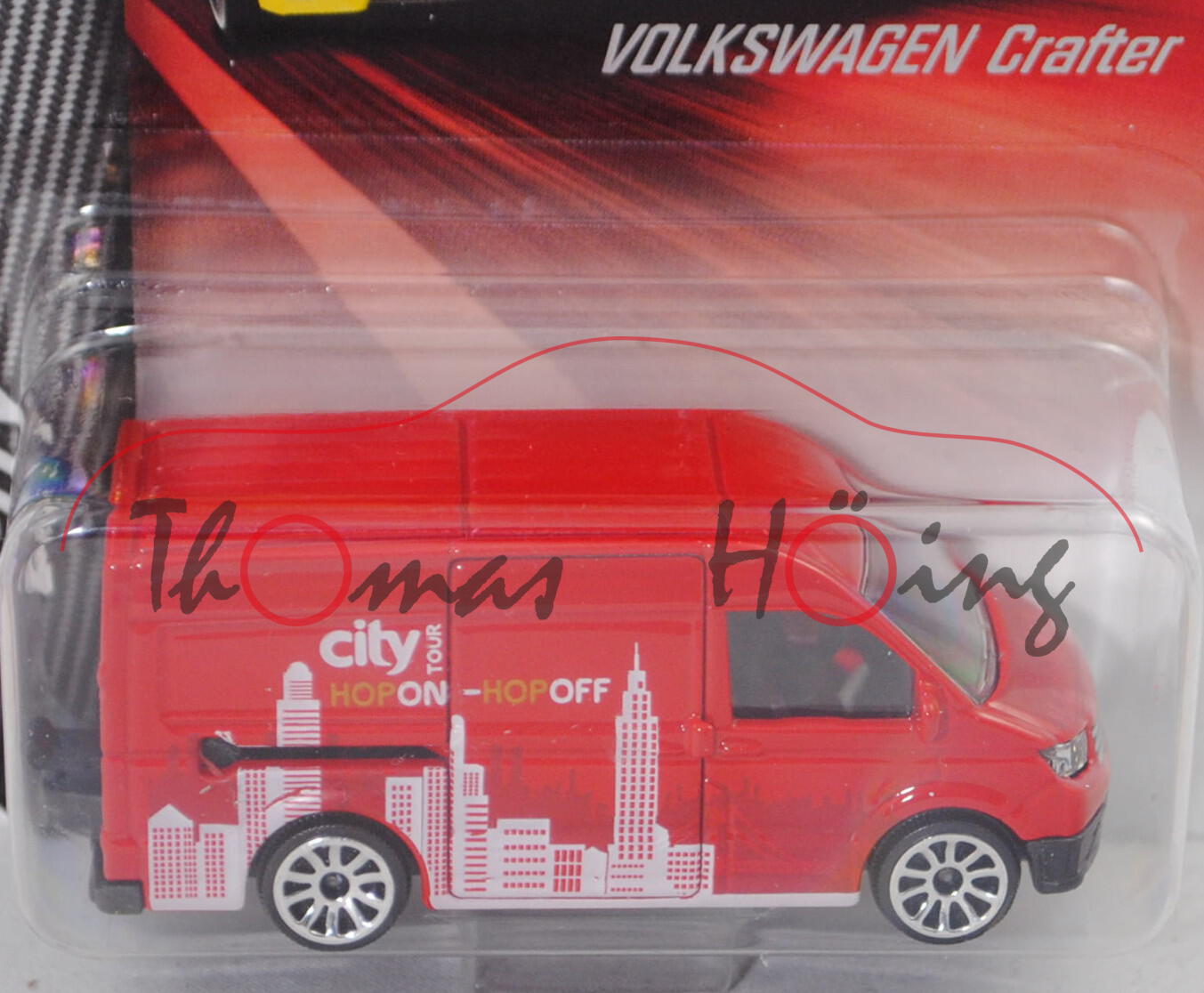 VW Crafter Kastenwagen (Typ 7C0, Mod. 2017-), rot, city TOUR, majorette, 1:81, Blister (Müllwagen)