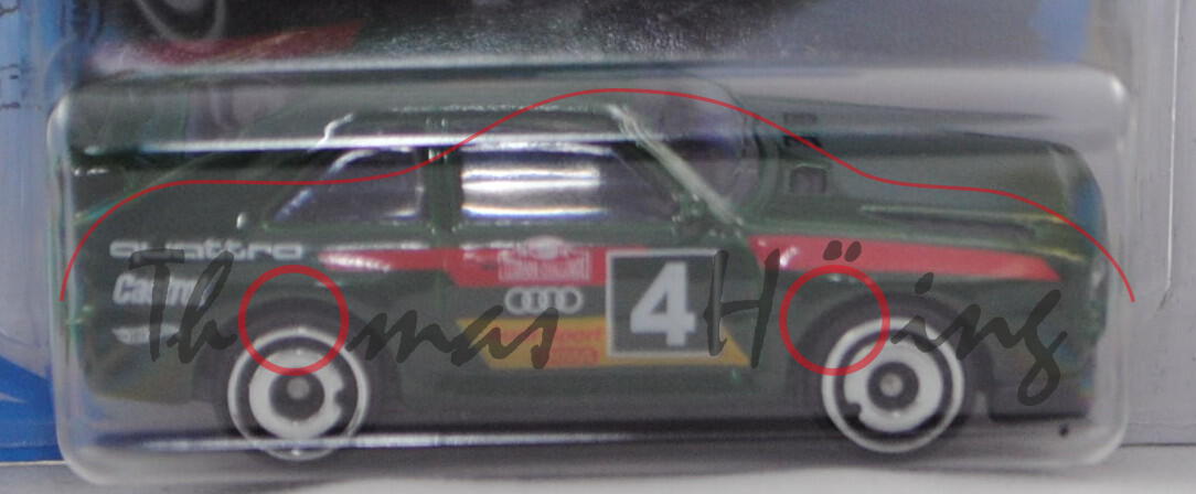 Audi Sport Quattro (Typ 85Q, Modell 1984-1986), moosgrün, Nr. 4, Felgen chrom, Hot Wheels, 1:61, mb