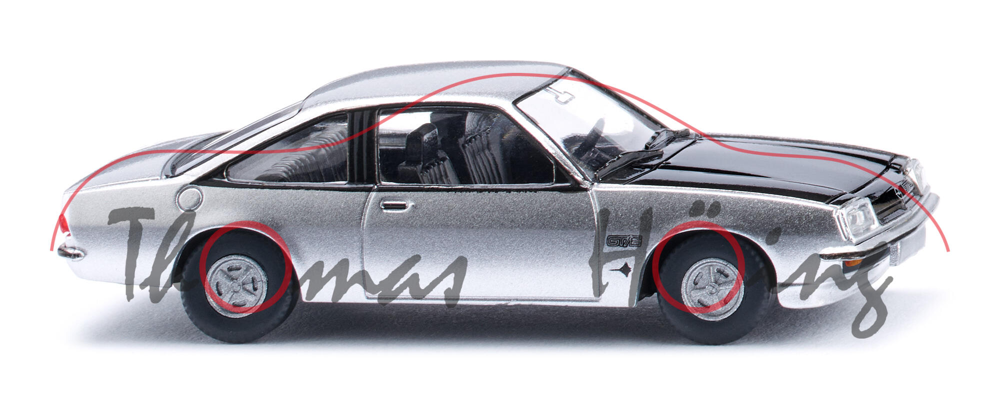 Opel Manta GT/E (2. Generation, Typ B, Vorfacelift, Modell 1975-1979), Karosserie silber, Motorhaube schwarz, Wiking, 1:87, mb