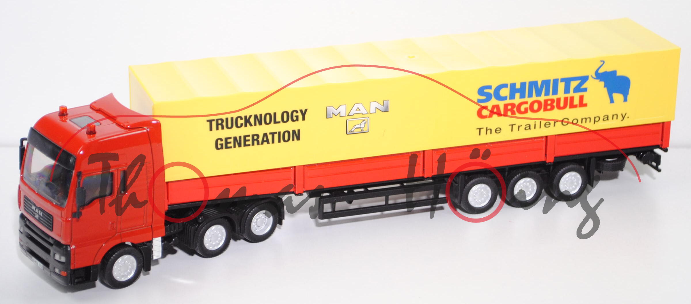 00000 MAN TGA 26.530 XXL Sattelzug, rot/gelb, SCHMITZ / CARGOBULL / The Trailer Company., L17mP