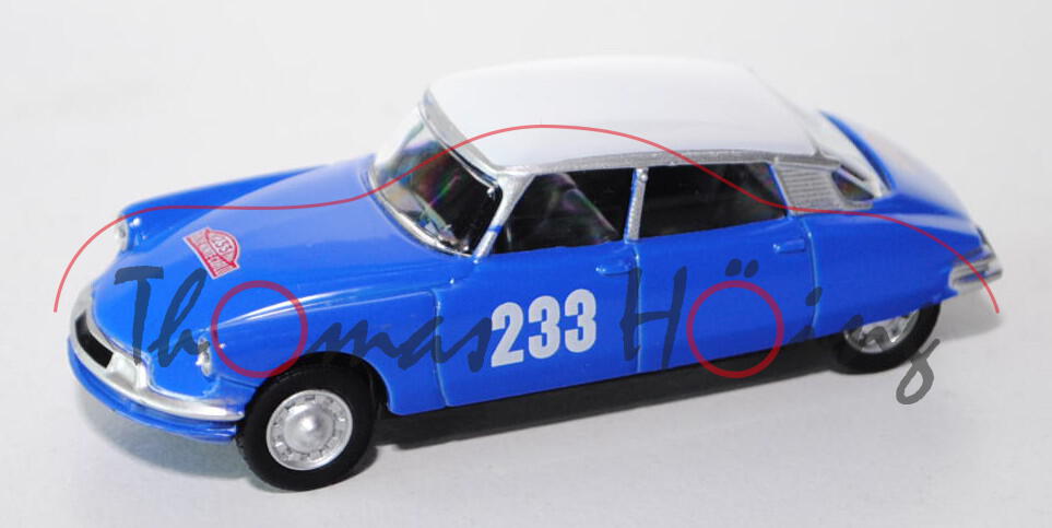 Citroen DS 19 (Modell 1955-1962), blau, Dach weiß, Rallye Monte Carlo 1963, Nr. 233, 1:58, Norev, mb