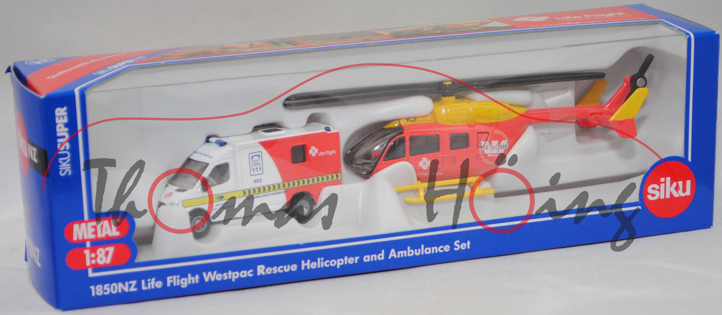 80400 NZ Life Flight Westpac Rescue and Ambulance-Set: RTW Mercedes-Benz Sprinter II und Eurocopter EC 145, RTW: WELLINGTON / FREE AMBULANCE; Hubschrauber: W / RESCUE / Westpac, SIKU, 1:87, L17mK