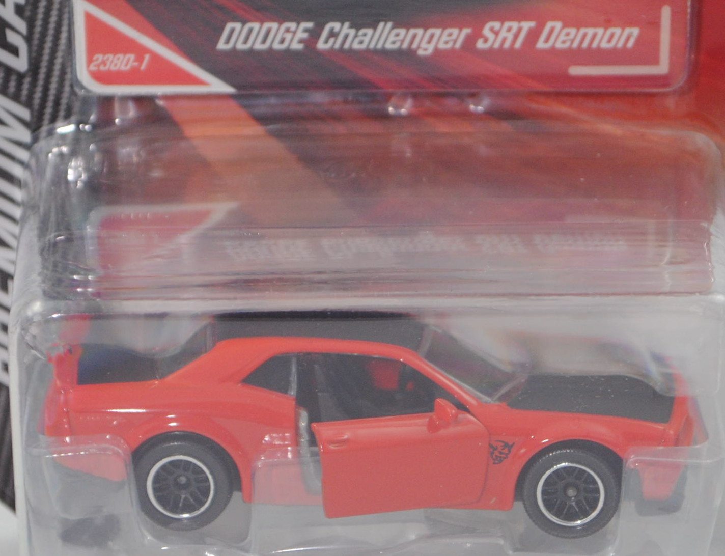 Dodge Challenger SRT Demon (Mod. 2017-2018), feuerrot/schwarz, Nr. 238D-1, majorette, 1:66, Blister