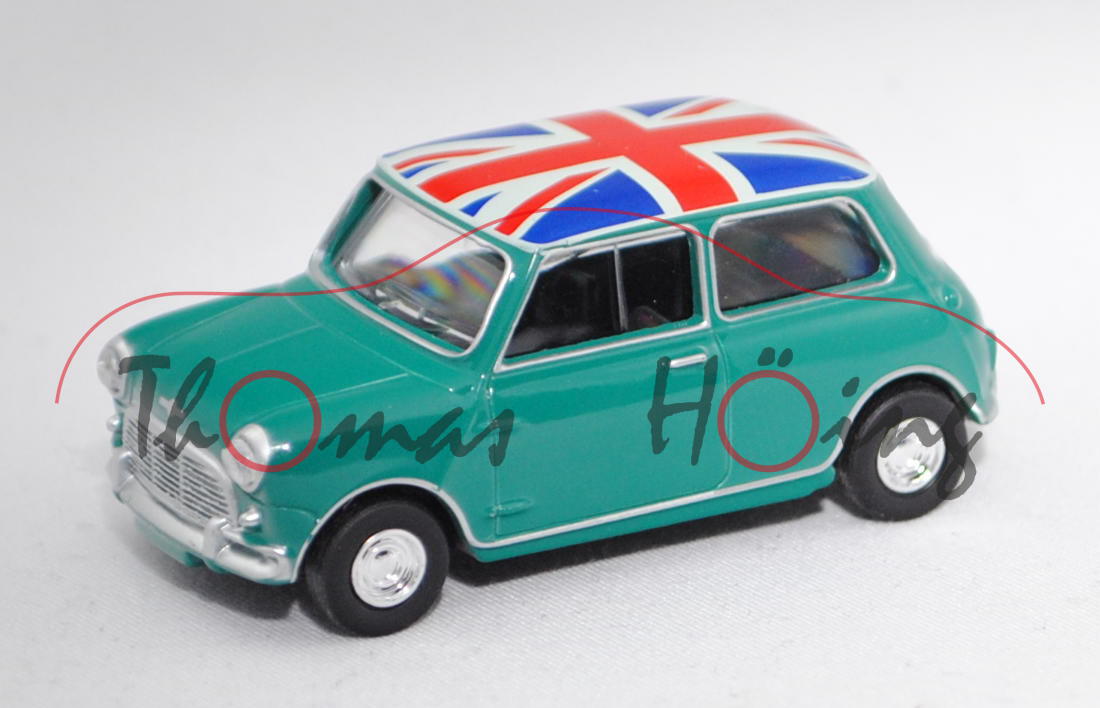 Mini Cooper S Mk 1 (Mod. 1959-1967), dunkel-minttürkis, mit Nationalflagge Union Jack, 1:54, Norev