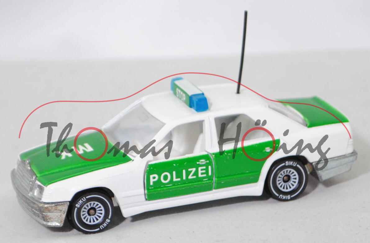 00005 Mercedes-Benz 300 E (W 124, Modell 1985-1986) Peterwagen, reinweiß, innen weiß, POLIZEI / MK, Mittelkonsole glatt, B4, SIKU, 1:55