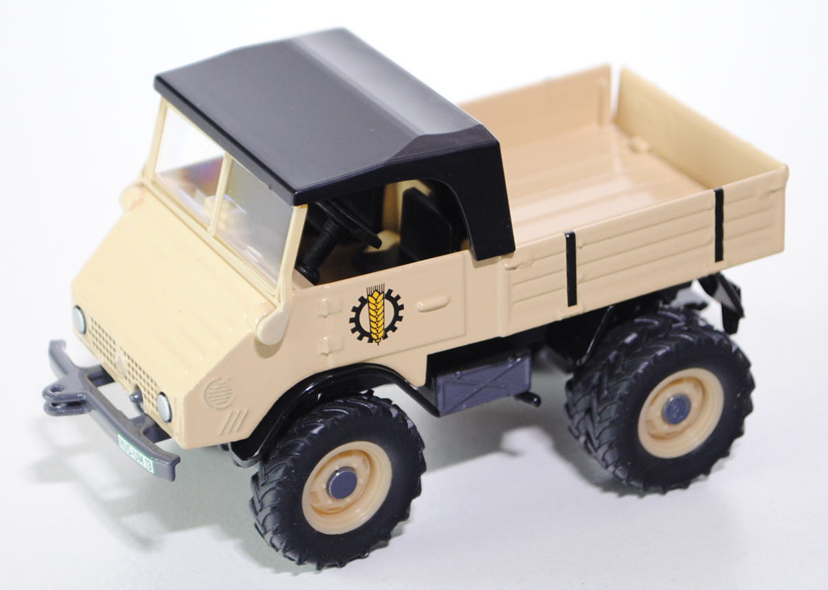 00301 Unimog U 411 mit Zwillingsreifen hinten Lohnunternehmen, beige, Dach schwarz, Chassis schiefer