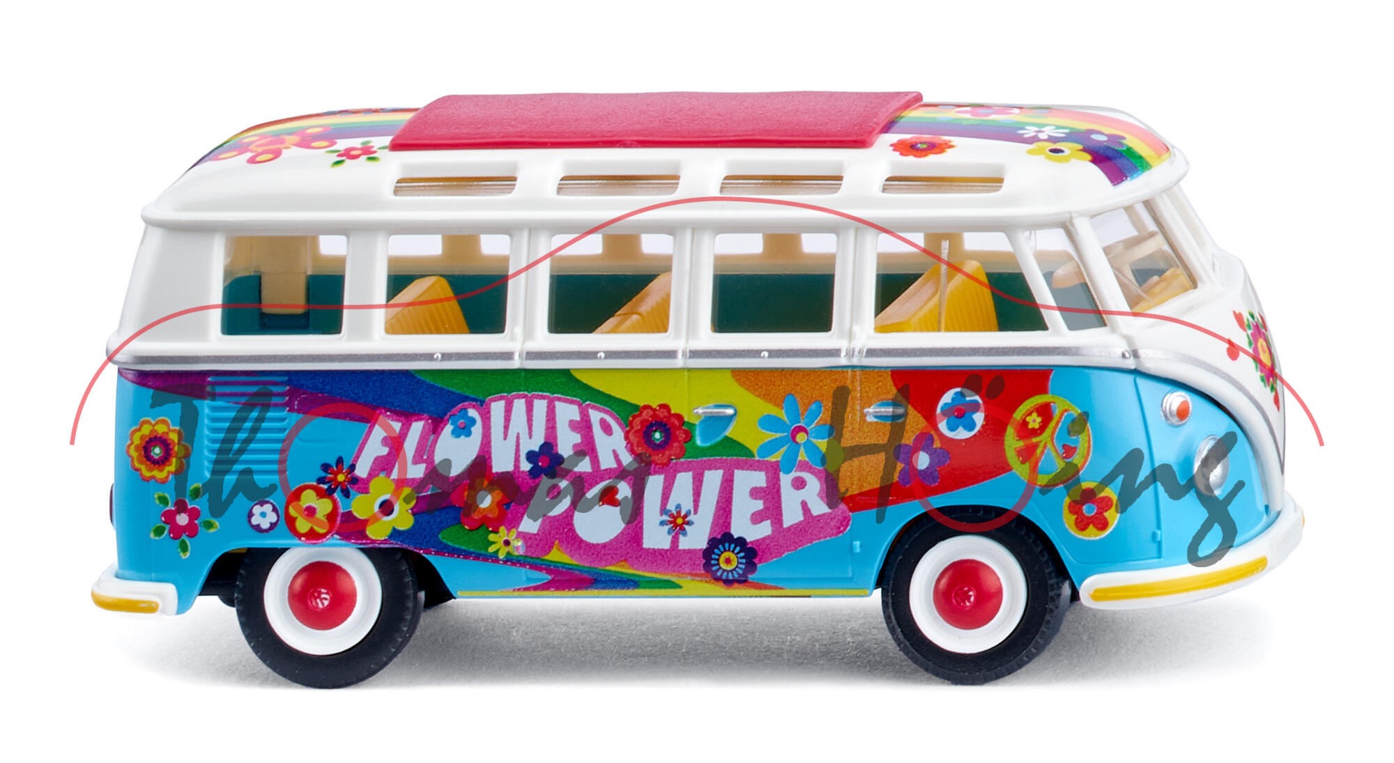 VW Transporter 1500 Kombi Samba (Typ 2 T1, Modell 1963-1967), weiß/eisblau, FLOWER-POWER, Wiking, 1:87, mb