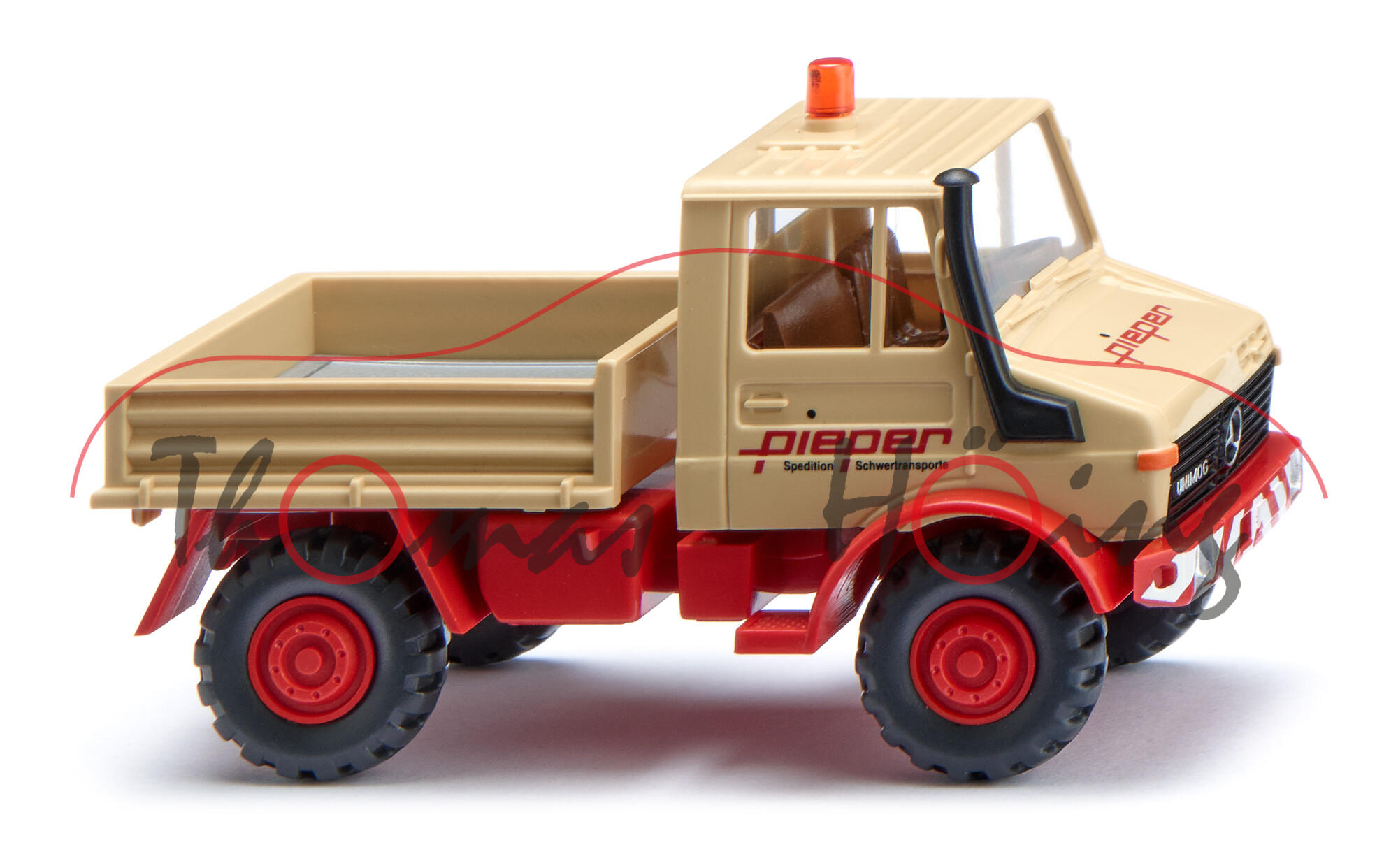 Unimog U 1300 (1. Generation, schwere Baureihe Unimog (SBU), Baureihe 425, Modell 1977-1988), grünbeige, pieper / Spedition Schwertransporte, Wiking, 1:87, mb