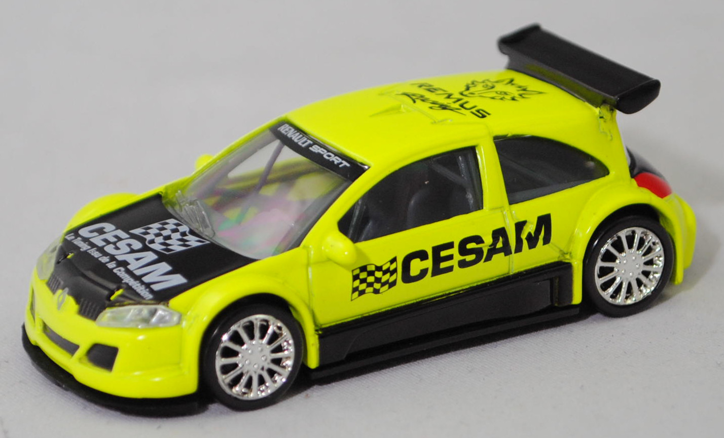 Renault Mégane V6 Trophy 2005 (2. Generation, Modell 2004-2008), leuchtgelb, CESAM / REMUS / Racing, Norev RACING, 1:56, Werbeschachtel