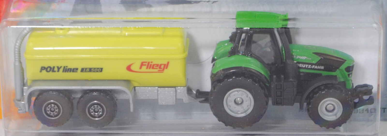 DEUTZ-FAHR 9340 TTV Agrotron (Modell 2015-2019) mit Fliegl PFW 18.500 POLY line (Modell 2012-2015), DEUTZ-FAHR grün + schwefelgelb/silbergrau, majorette, Blister (CITY Trailer Set)