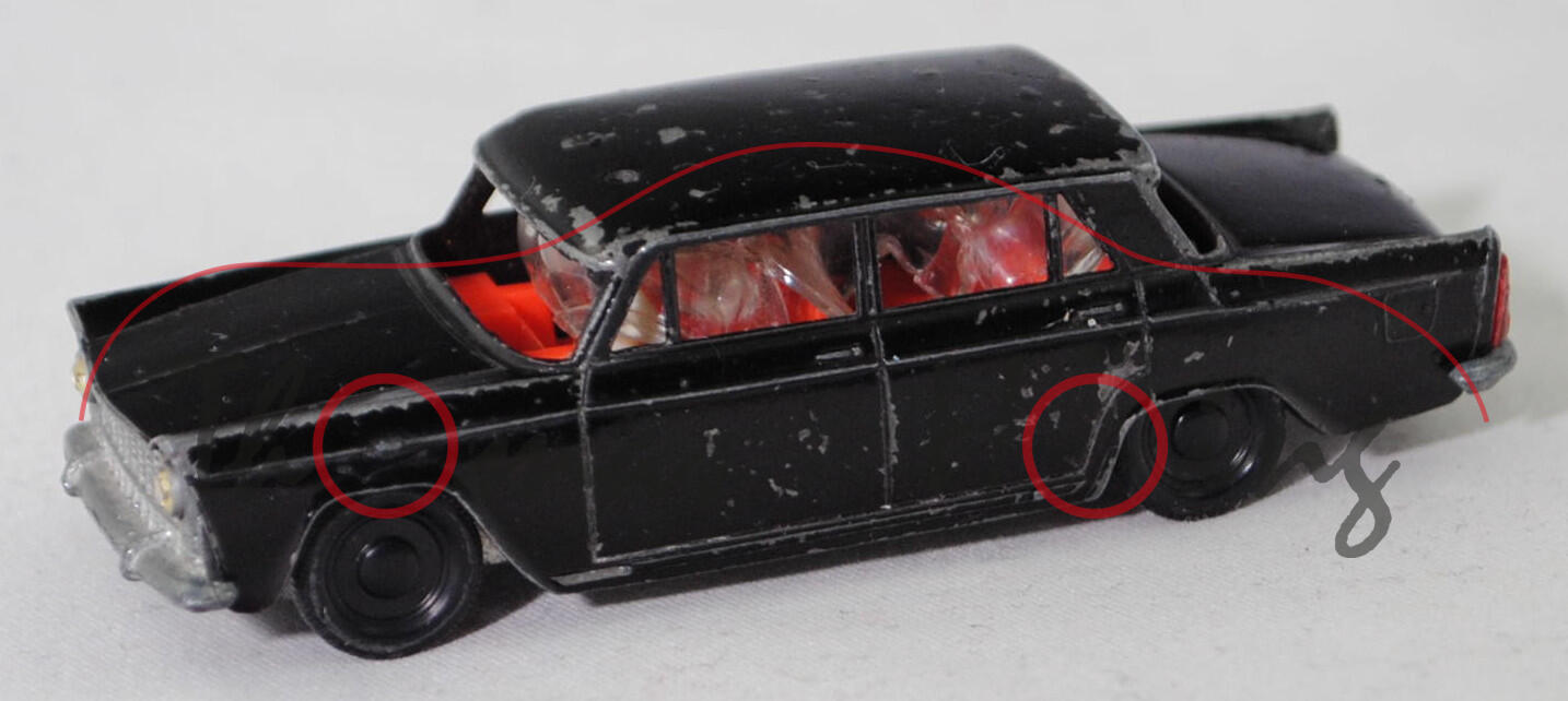 00003 Fiat 1800 B (2. Gen., Typ 112, Mod. 1961-1963) Taxi, schwarz, innen rotorange, Lenkrad weiß, R1, SIKU, 1:59, sc (Taxischild weg, Verglasung verzogen)