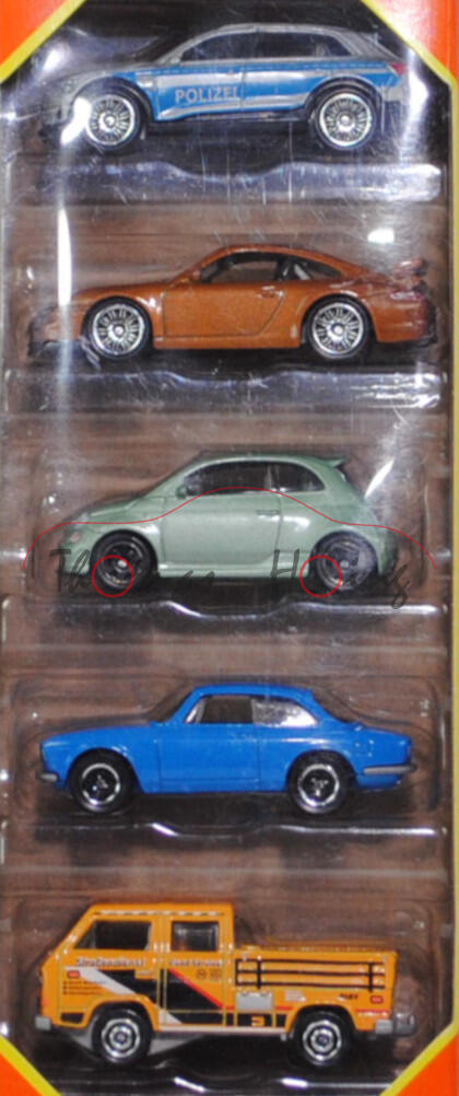 Set AUTOBAHN EXPRESS (5 Modelle): Audi e-tron 55 quattro Polizei + Porsche 911 GT3 + Abarth 500 + Alfa Romeo Giulia Sprint GTA + VW T3 DoKa, Matchbox, mb