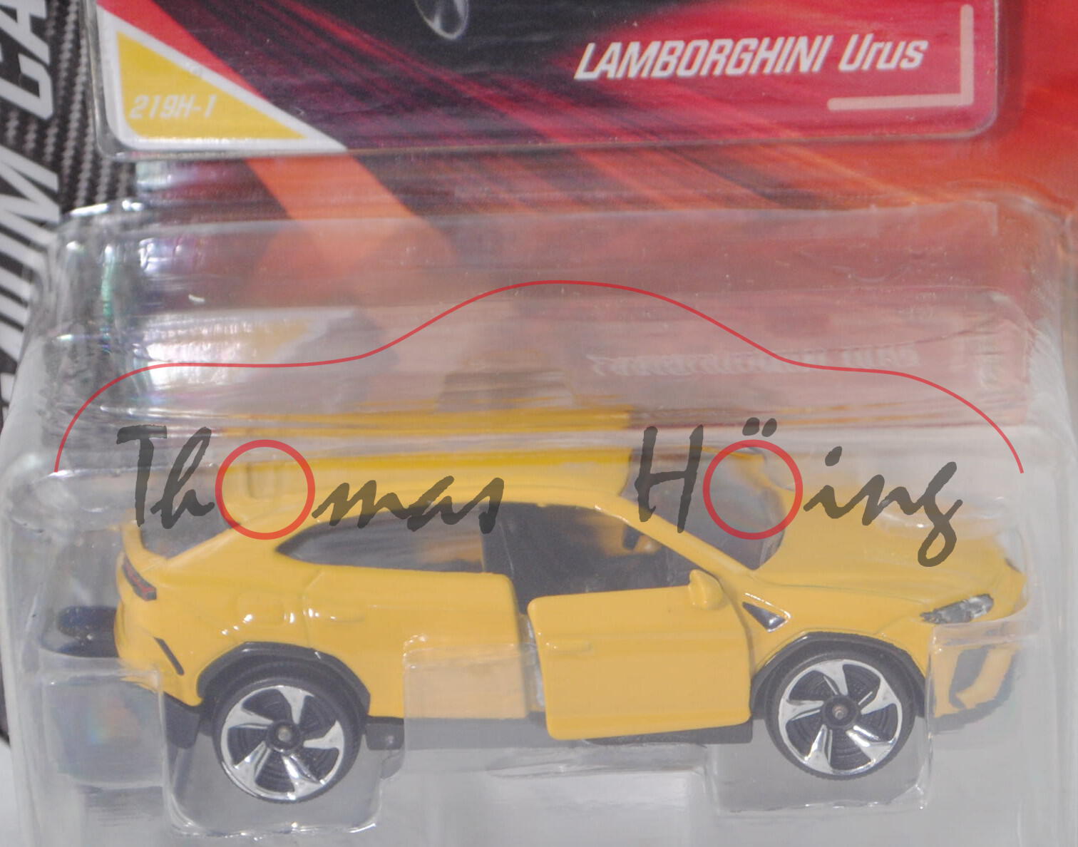 Lamborghini Urus (Modell 2018-), goldgelb/schwarz, mit Sammlerflyer, majorette, 1:64, Blister