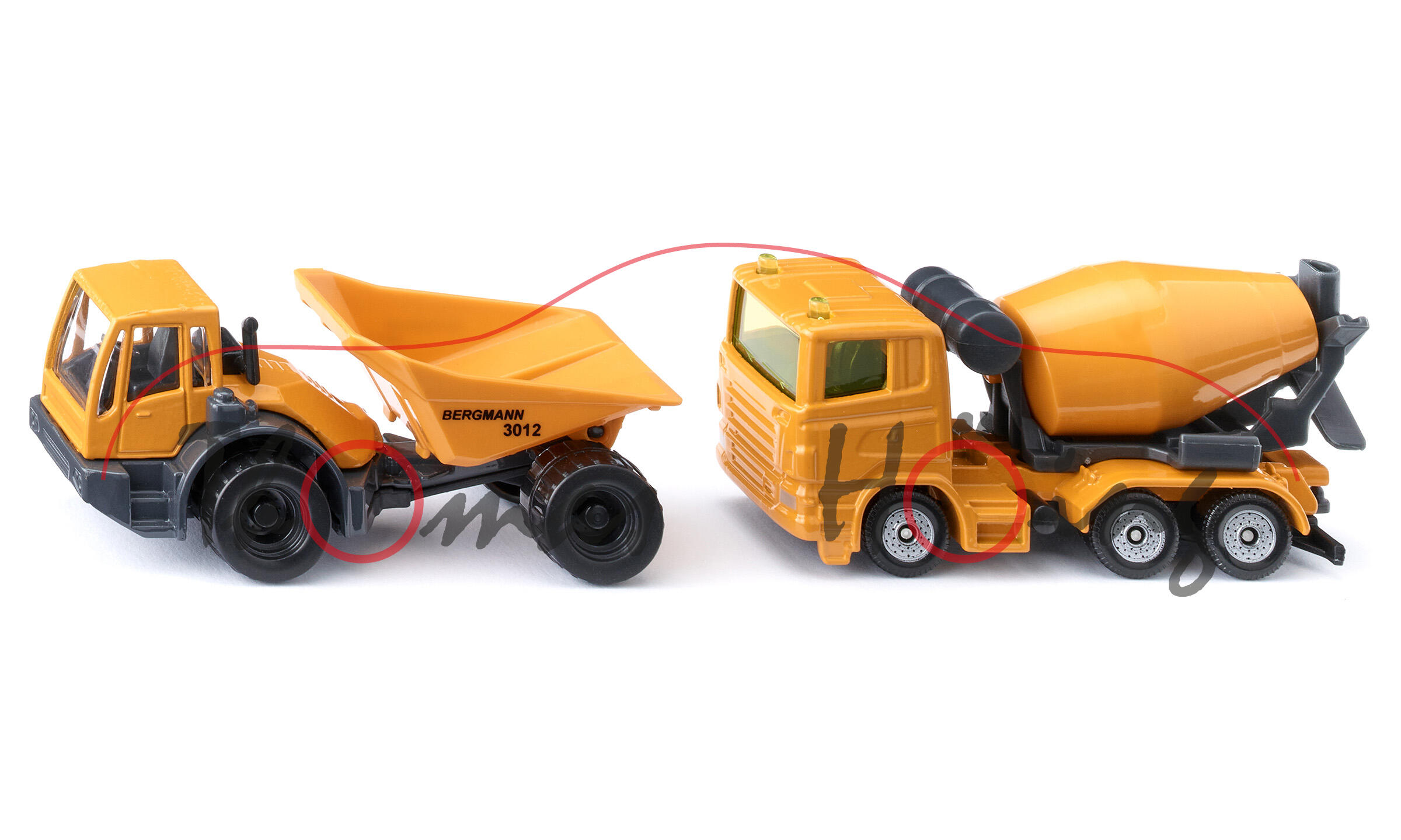 00002 Baustellen-Set: Bergmann Dumper 3012 HK und Scania R380 Betonmischer, orange, SIKU, P29e