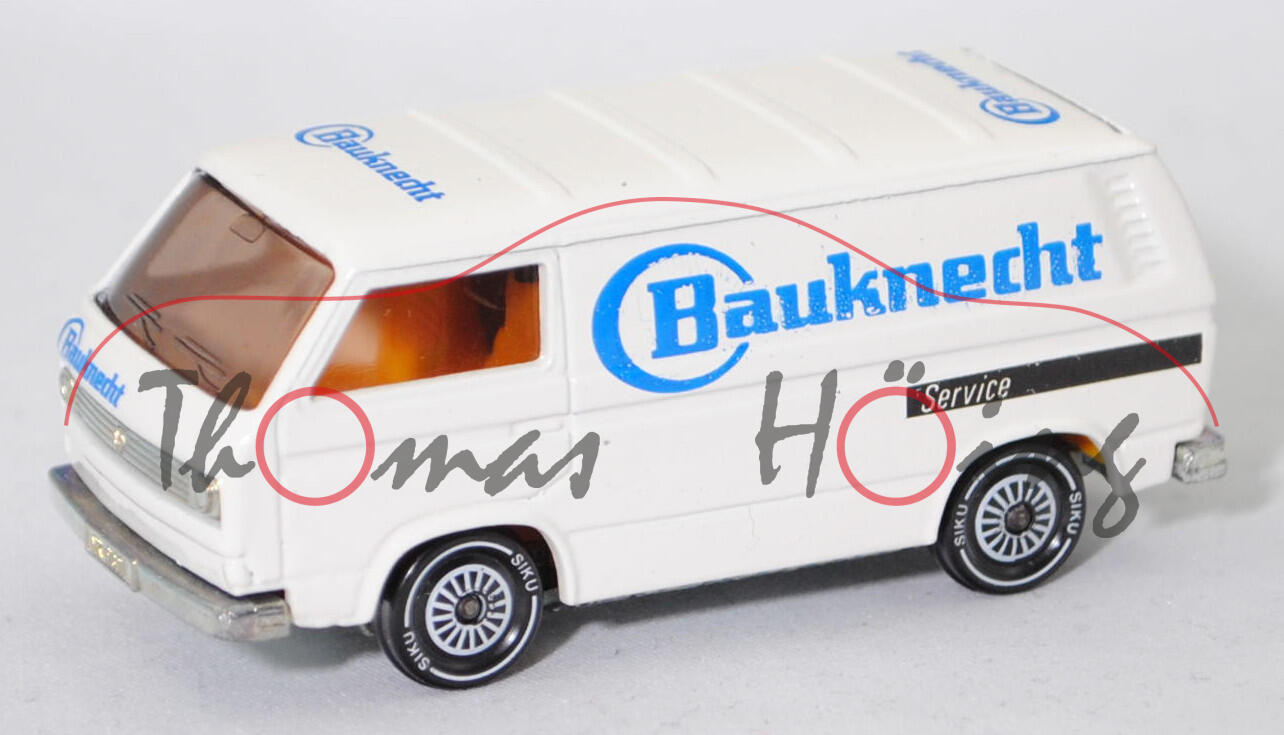 VW Transporter Kastenwagen (Typ 2 Transporter 3 (T3, Modell '80), Modell 1979-1982), weiß, Bauknecht in hell-verkehrsblau / Service, R11, SIKU SUPER, 1:60, m- (Limited Edition)