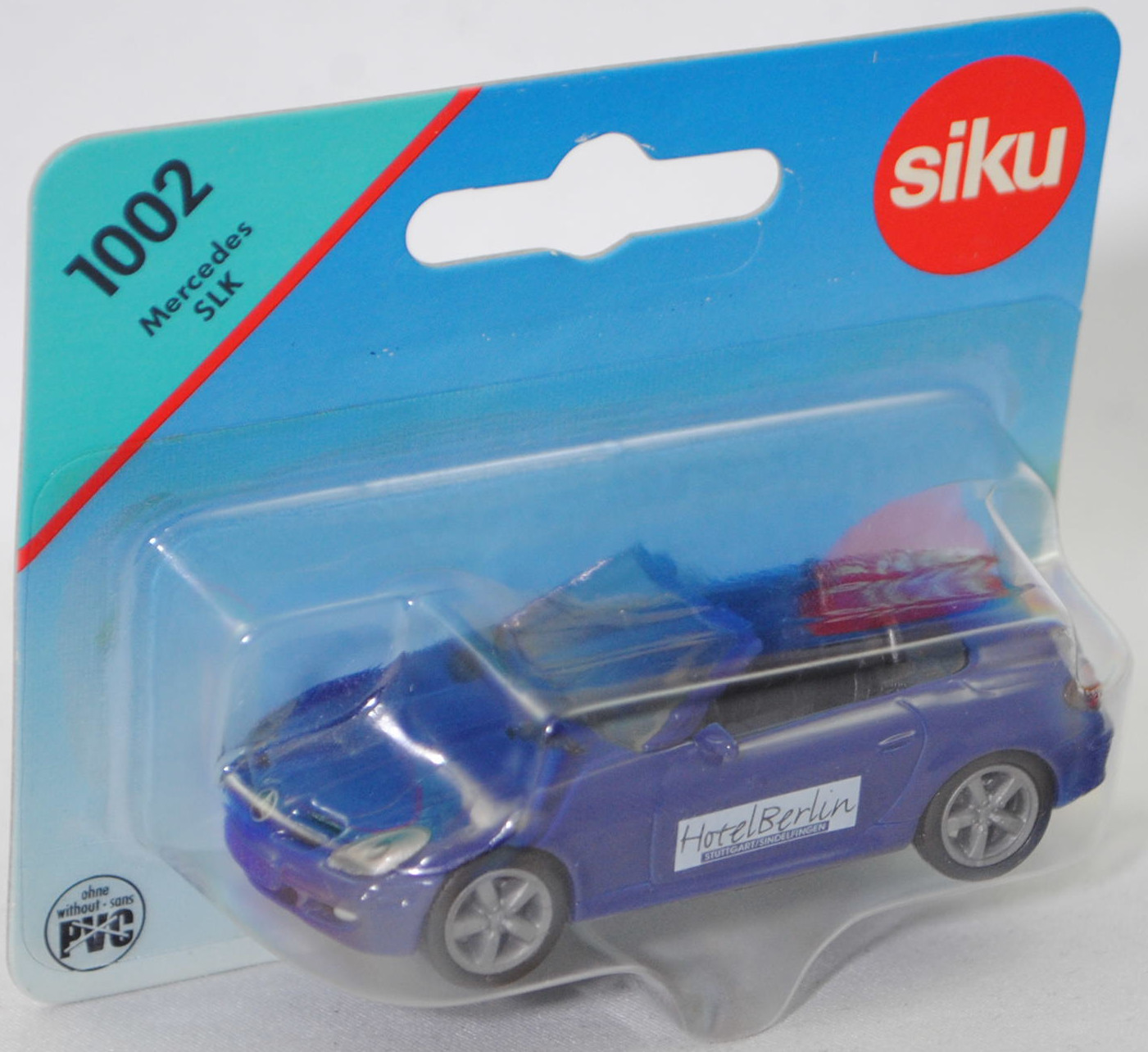 Hotel Berlin Mercedes-Benz SLK 350 (interne Baureihenbezeichnung R 171, Vor-MoPf, Modell 2004-2008), hell-kobaltblau, Hotel Berlin / STUTTGART/SINDELFINGEN, SIKU, 1:55, P29a