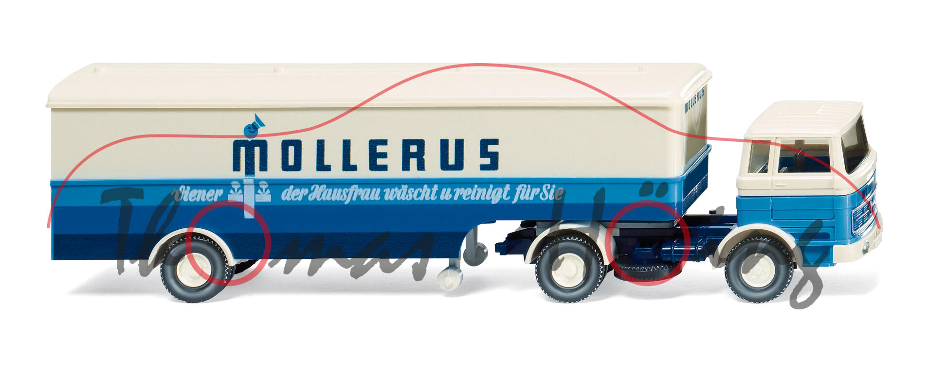 Mercedes-Benz LP 1620 (LP-Baureihe, Mod. 63-74) Koffersattelzug, weiß/blau, MOLLERUS, Wiking, 1:87