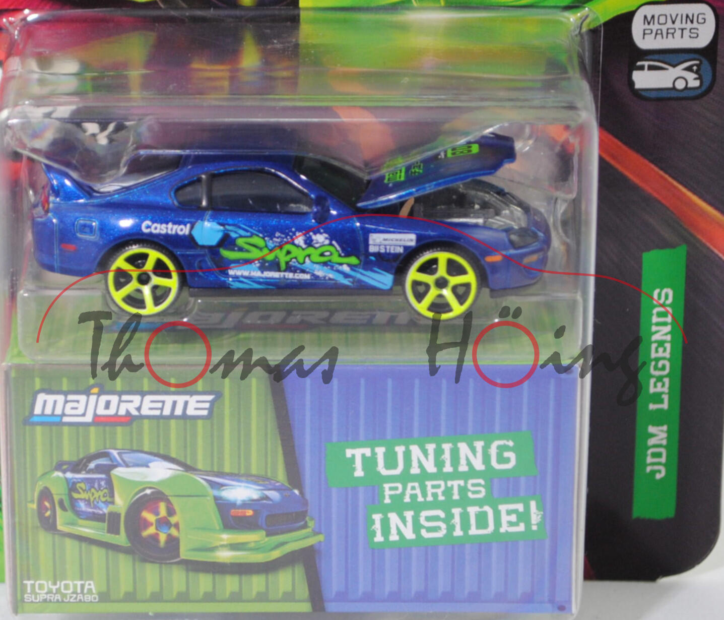 Toyota Supra RZ (JZA80, Vorfacelift, Modell 1993-1996) (Nr. 230E), saphirblaumet., Beilage: Bodykit und Tuning-Zubehör, majorette, 1:60, Blister (JDM Legends DELUXE CARS)