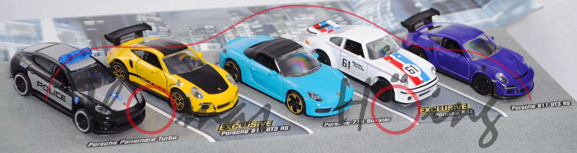 Porsche Edition (5 Modelle): Panamera Turbo + 2x 911 GT3 RS + 718 Boxster + 934 , majorette, mb