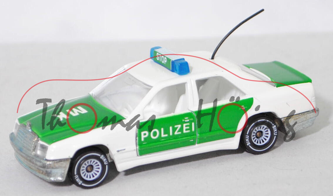 00005 Mercedes-Benz 300 E (W 124, Modell 1985-1986) Peterwagen, reinweiß, innen weiß, POLIZEI / MK, Mittelkonsole glatt, B4, SIKU, 1:55, m-