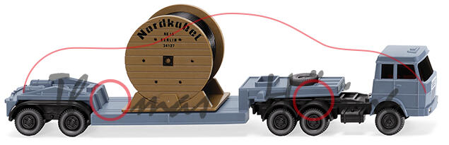 Henschel F 201 S-2A mit 2-Achs-Tieflader (Tiefladesattelzug), blau/grau, N-Spur, Wiking, 1:160, mb