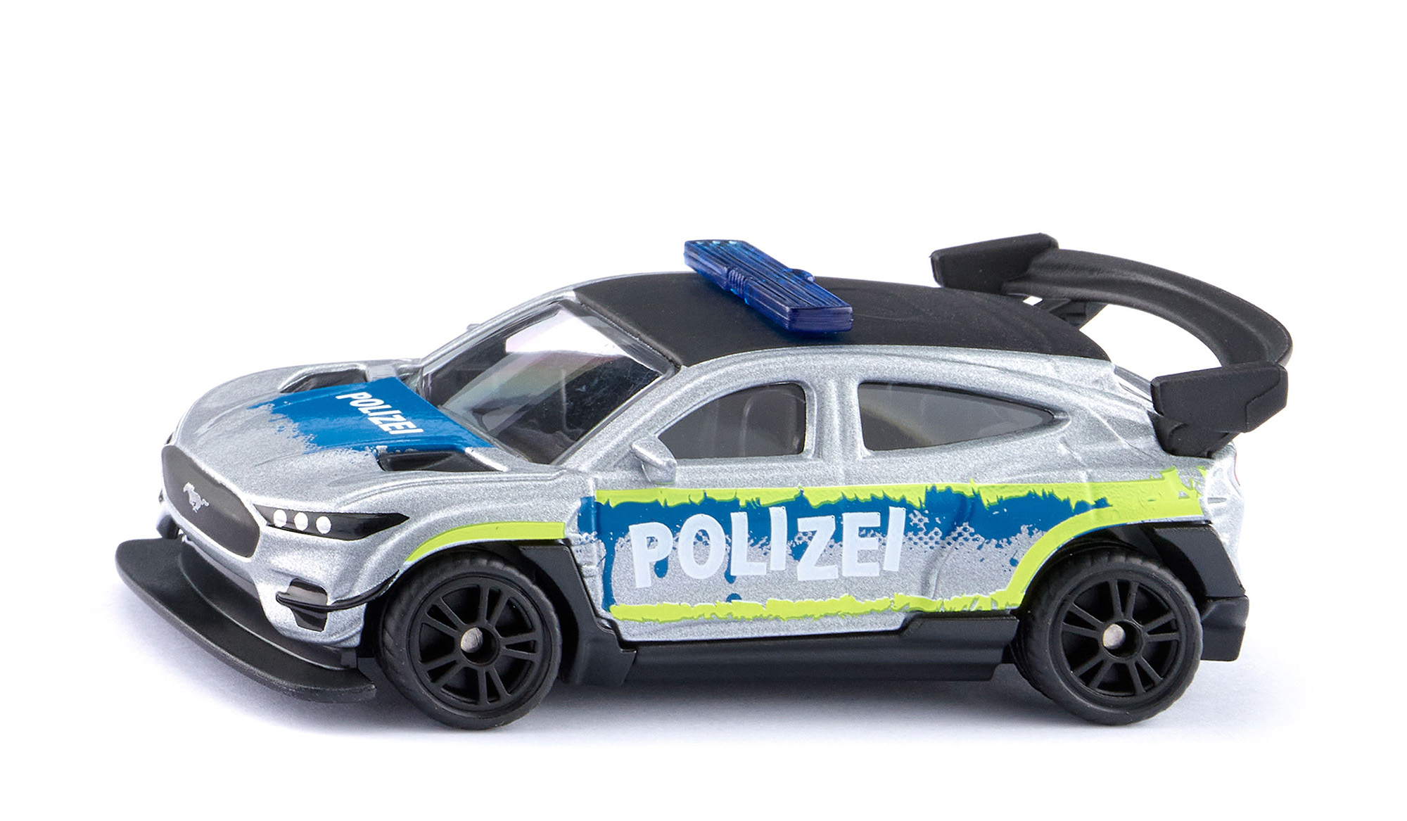 00000 Ford Mustang Mach-E 1400 (1. Generation, Typ LSK, Modell 2020) Custom Polizei, Karosserie silbermetallic, Dach mattschwarz, POLIZEI, SIKU SUPER, 1:59, P29f