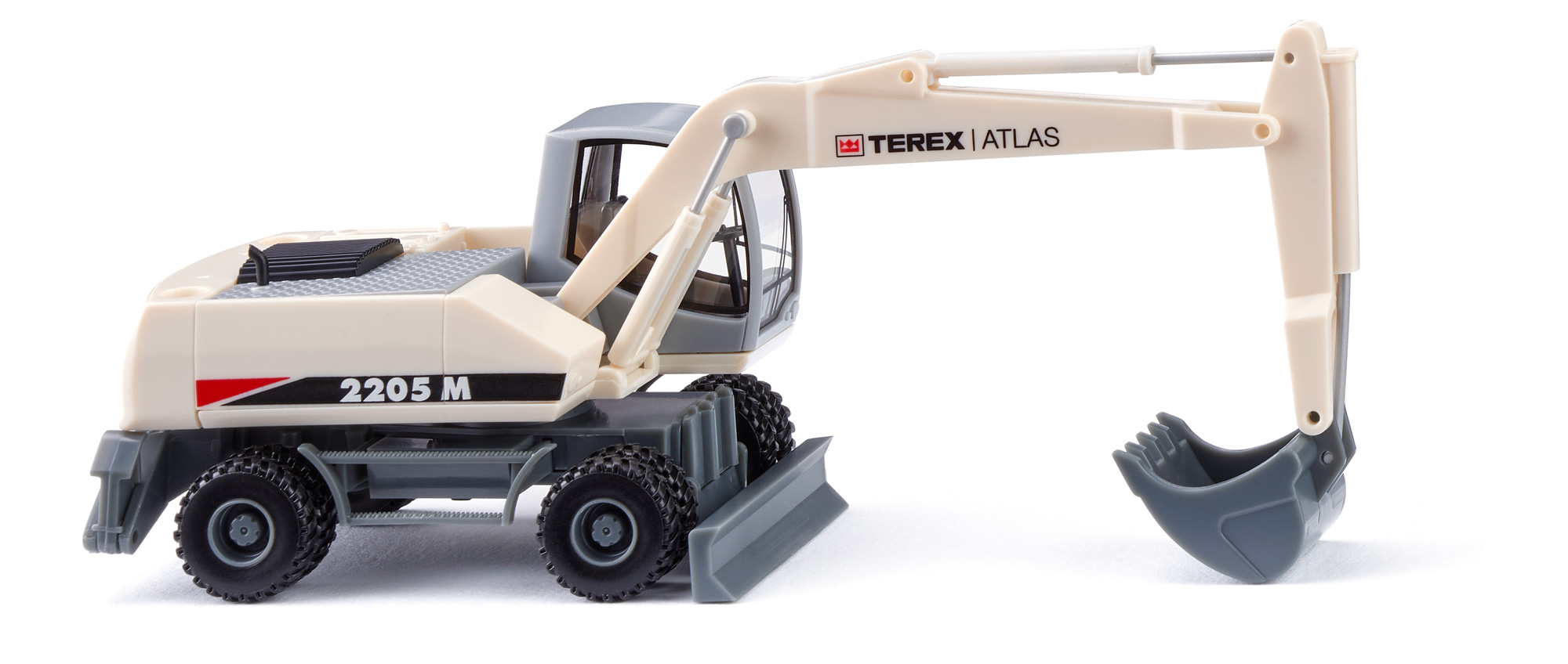TEREX ATLAS Mobil Bagger 2205 M (Mobilbagger) (5. Generation, Baureihe 05er-Serie, Modell 2004-2007), perlweiß/eisengrau, TEREX ATLAS, Felgen eisengrau, Wiking, 1:87, mb