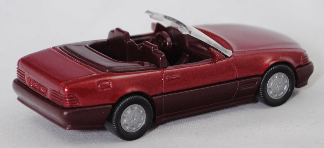 00000 Mercedes-Benz 500 SL (R 129, Modell 1989-1992), purpurrotmetallic, Stern im Kühlergrill und Scheibe seitlich unlackiert, Heckklappe ohne Stern, Germ, B7, SIKU, 1:55, m