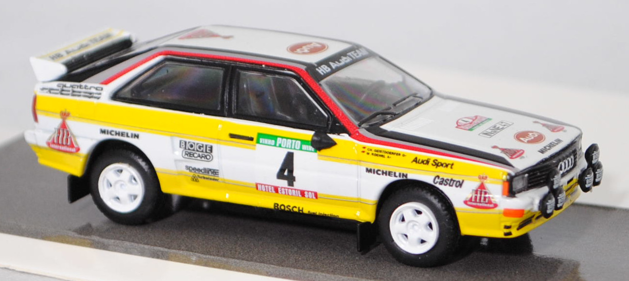 Audi quattro A2 Gruppe B (R1, Homologationsnummer B-243, Modell 1983-1984), weiß, 18. Rallye Portugal 1984, Nr. 4, Walter Röhrl / Christian Geistdörfer, Schuco, 1:64, mb