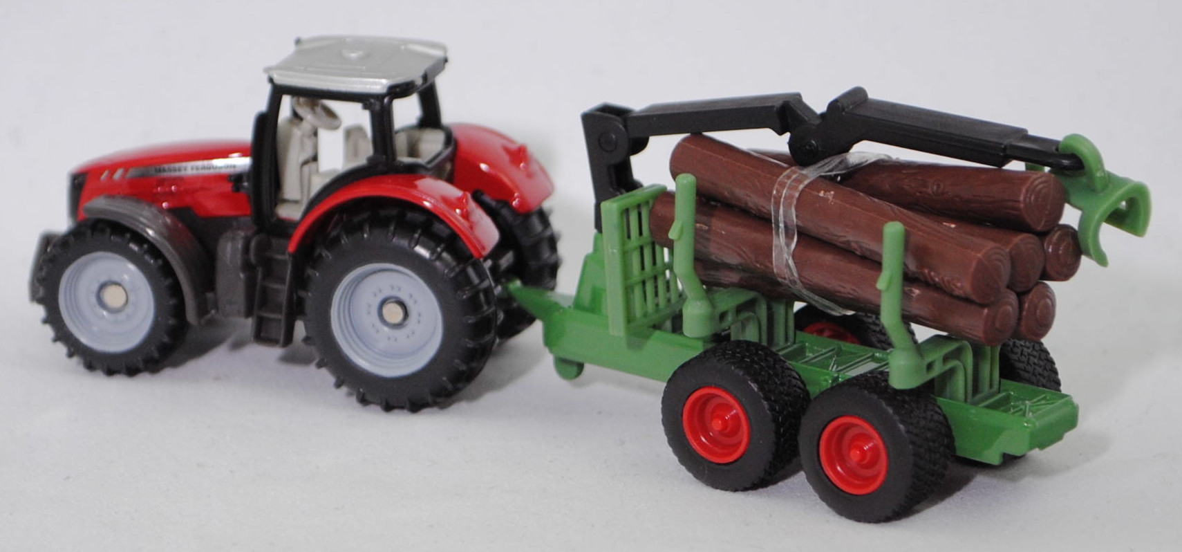 00000 Massey Ferguson MF 8737 Dyna-VT Efficient (Modell 2014-2017) Traktor und Forstanhänger mit Zwei-Achs-Fahrgestell, karminrot und hell-grasgrün, SIKU SUPER, P29f