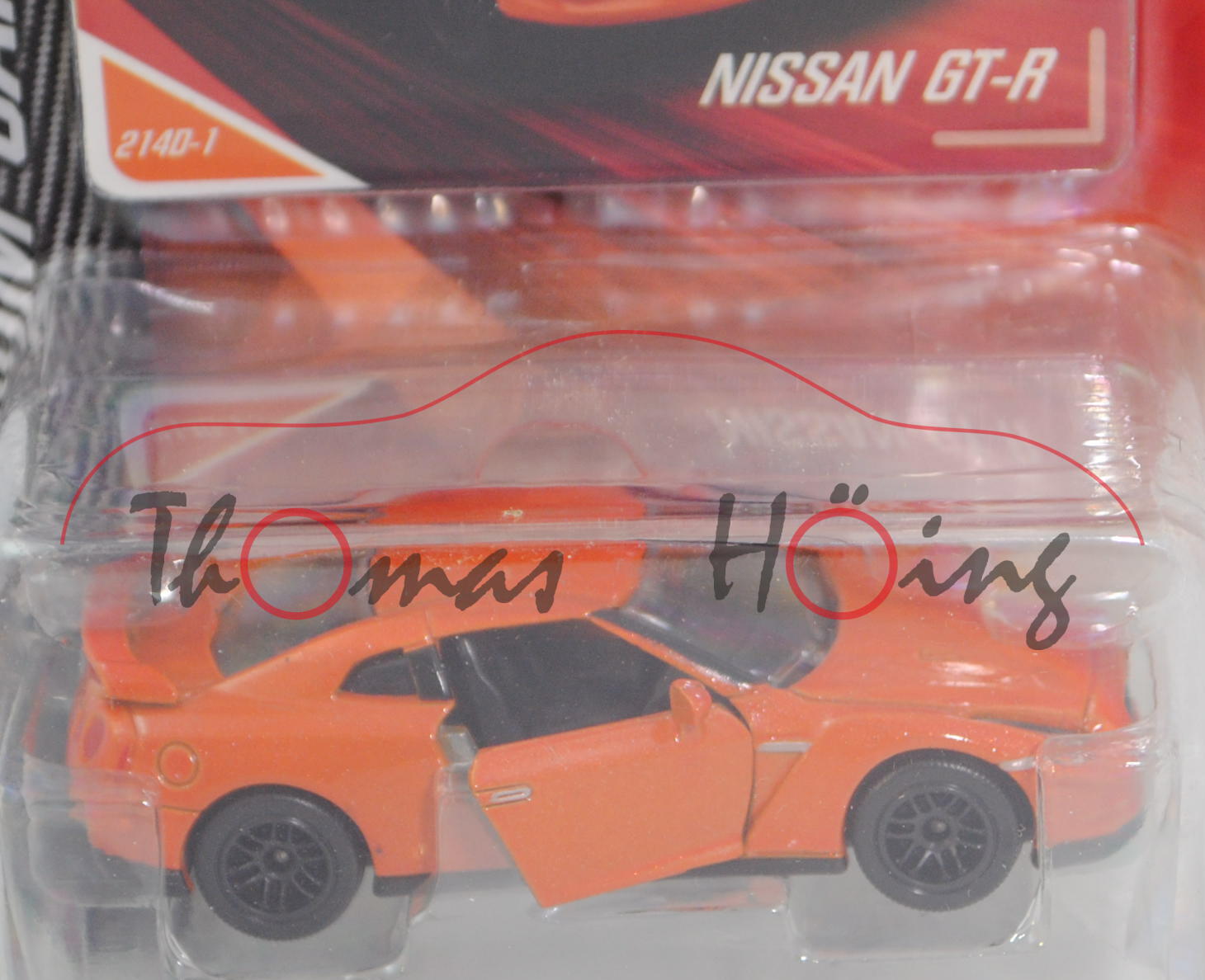 Nissan GT-R (Typ R35, Mod. 07-10) (Nr. 214D), signalorangemet., m. Sammlerflyer, majorette, 1:61, mb