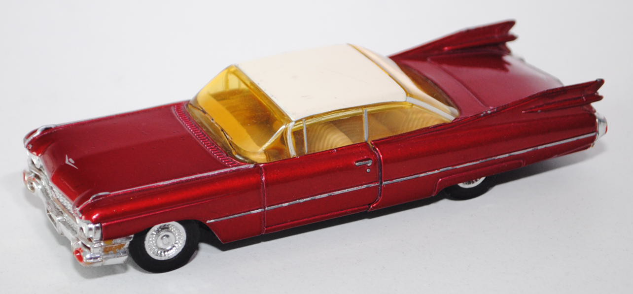 Cadilac Coupé de Ville, Modell 1959, rubinrotmetallic, Dach hellelfenbein, DINKY / Matchbox, 1:43, m