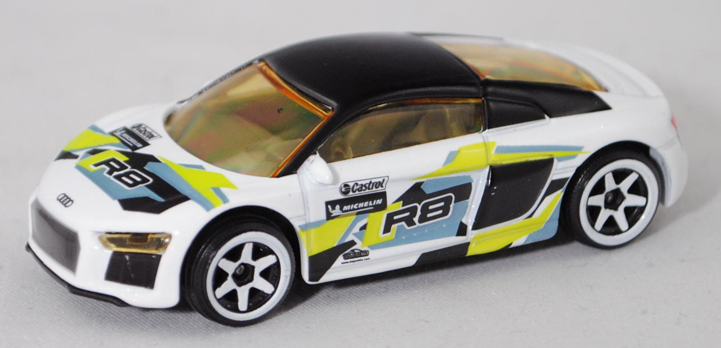 Audi R8 Coupé V10 (Mod. 15-19) TRACKMANIAC / RACING, reinweißmet., majorette, 1:58, RARE, mb