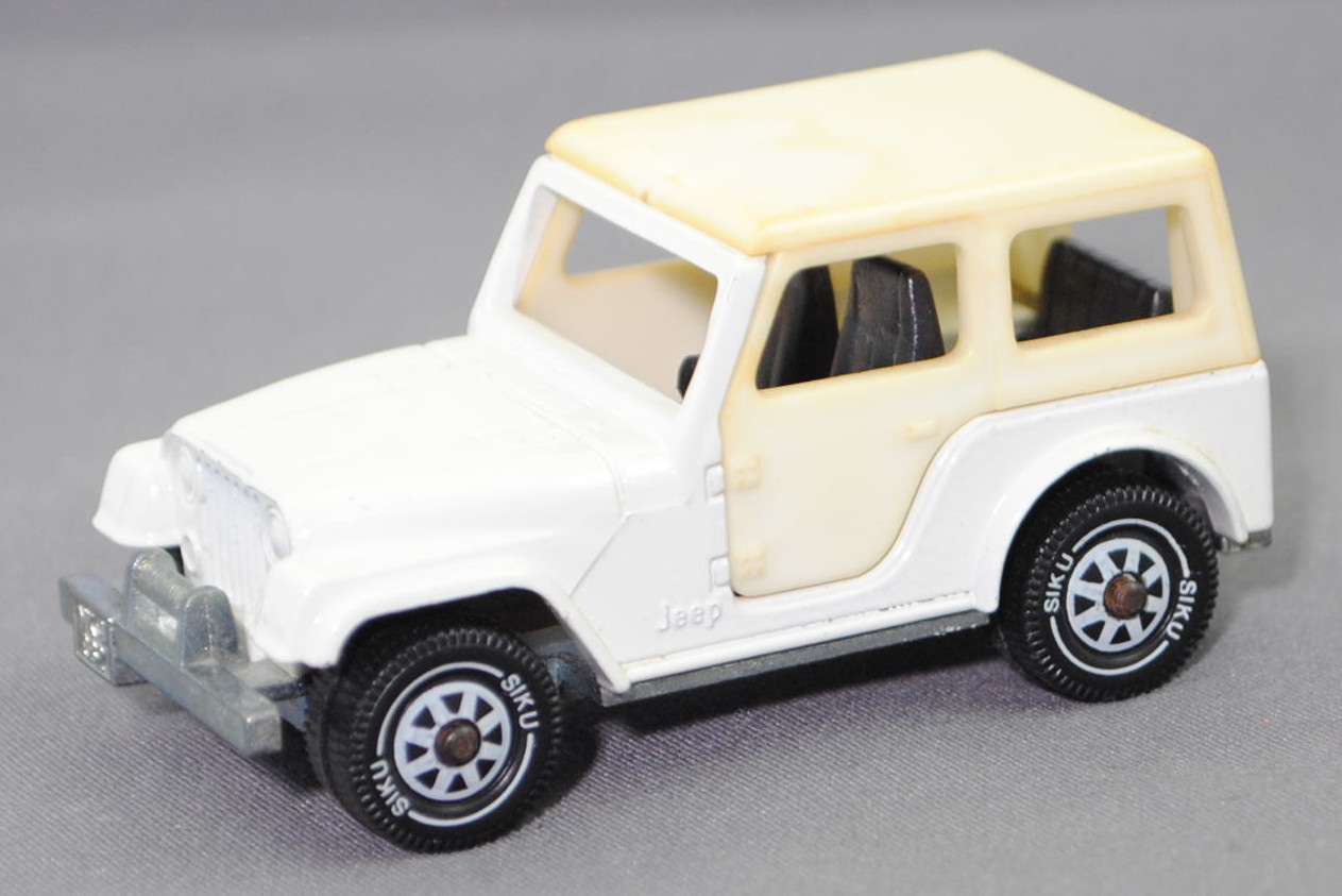00000 Jeep CJ-5 2.5L (5. Generation, Modell 1979-1983) mit Fiberglas Hardtop (von Siku als Jeep CJ-7 bezeichnet), reinweiß, innen schwarz, B5, SIKU SUPER, 1:55, m (Hardtop vergilbt)